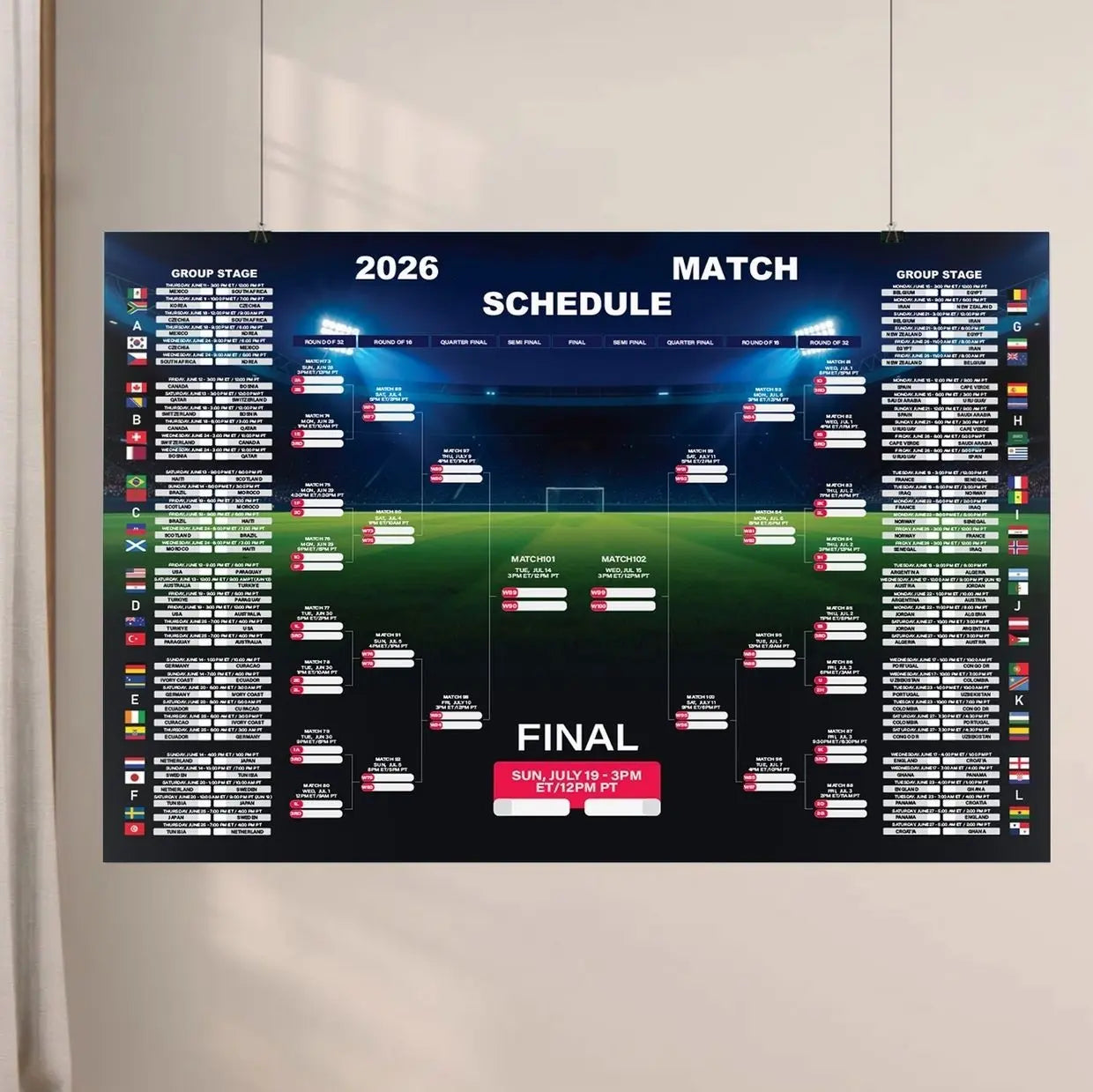 Graphic World Soccer 2026 Schedule Wall Chart, Soccer Fixtures Chart, Soccer Cup 2026 Result Chart QM9