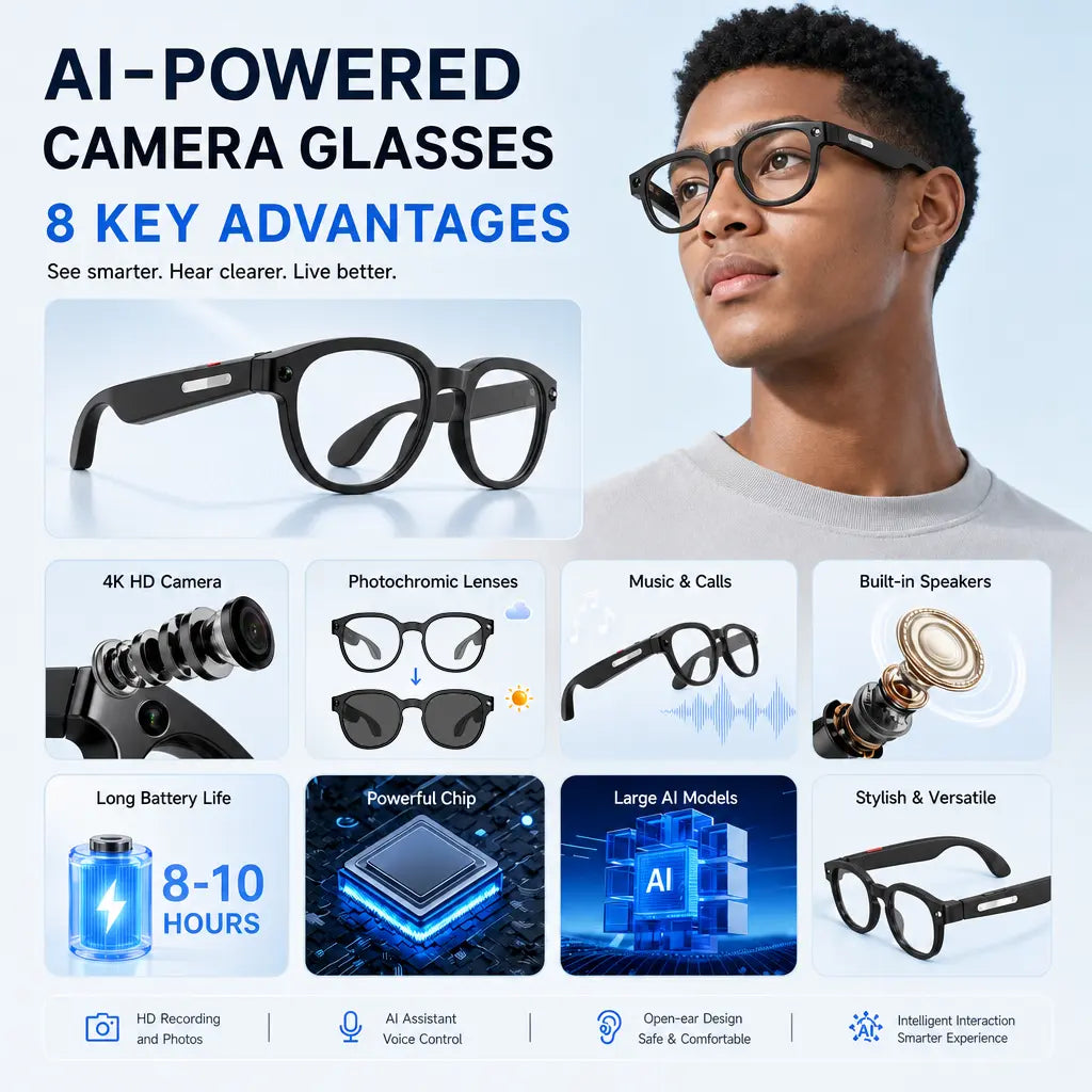 Sightflow Smart AI Camera Glasses with 8MP Photochromic UV-Protective Lenses, Real-Time Translation in 160+ Languages, Bluetooth Audio, Hands-Free Photo and Video Capture, Touch Control, Ideal for Travel and Outdoor Use, Compatible with iOS and Android
