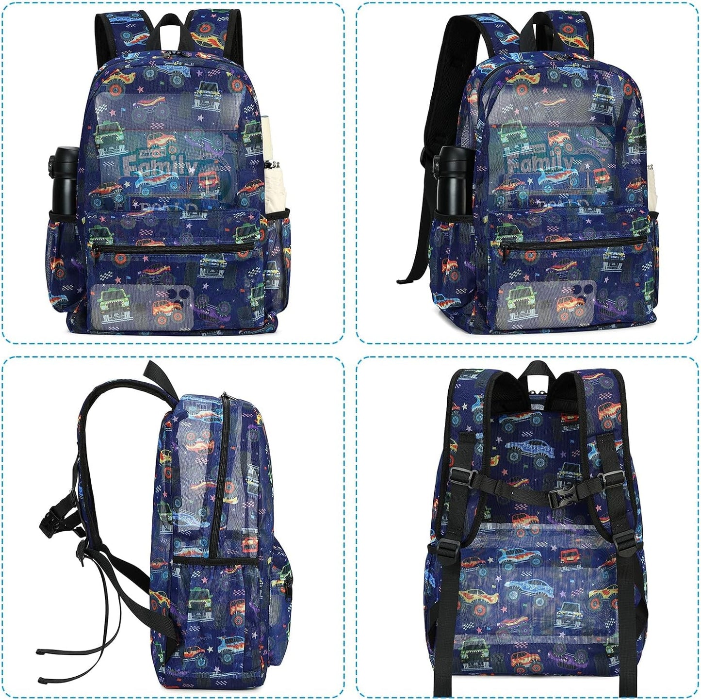 Mesh Backpack Kids Boys Girls Bookbag See through Preschool Backpacks Casual Daypack for School Beach Travel Sport (Navy-Vehicle)