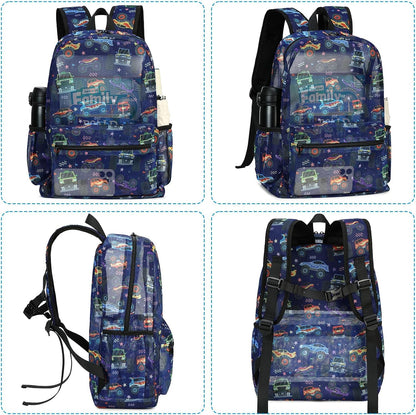 Mesh Backpack Kids Boys Girls Bookbag See through Preschool Backpacks Casual Daypack for School Beach Travel Sport (Navy-Vehicle)