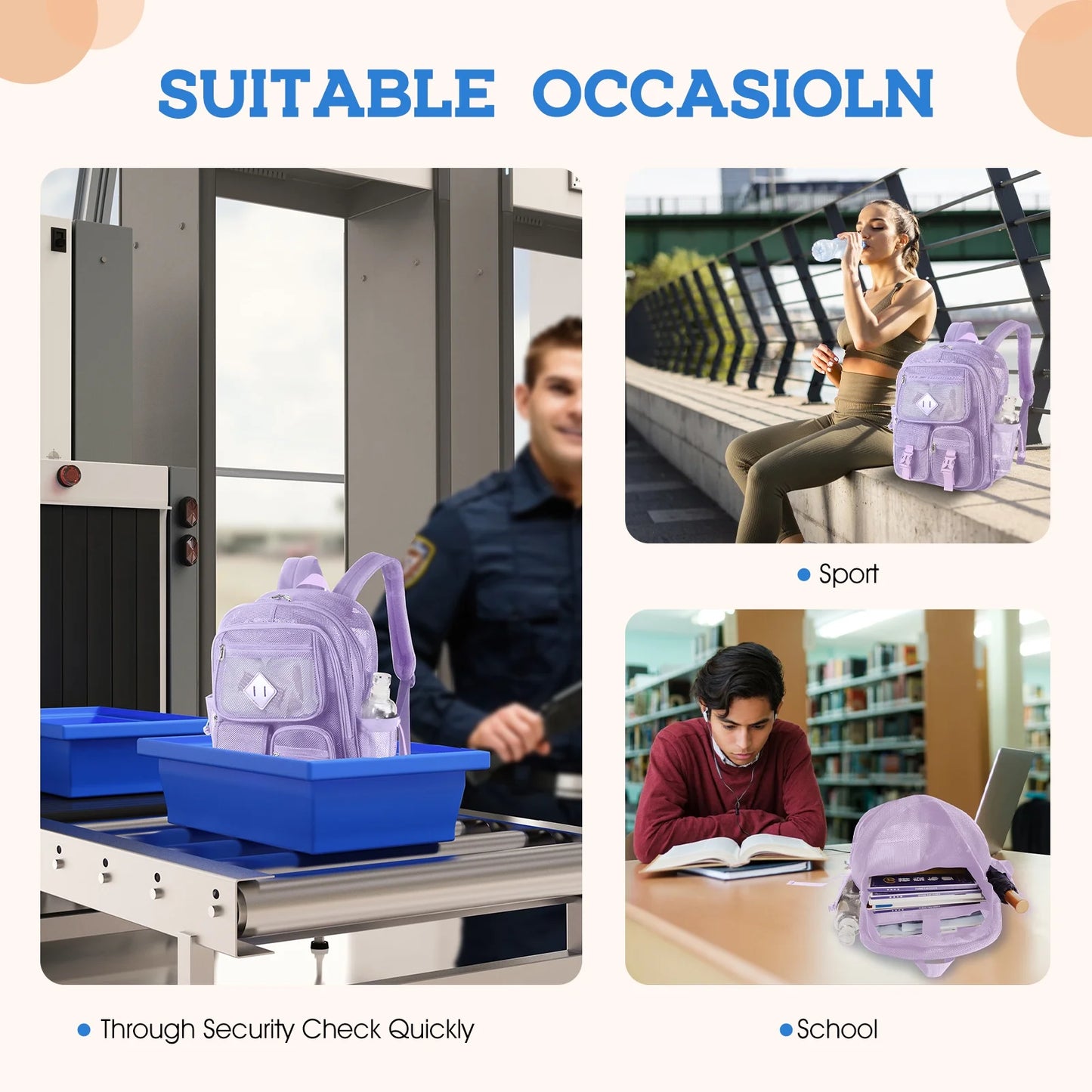 Mesh Backpack School Backpacks Large Capacity See through Bookbag Stadium Approved with Multiple Compartments Pockets for School(Purple)