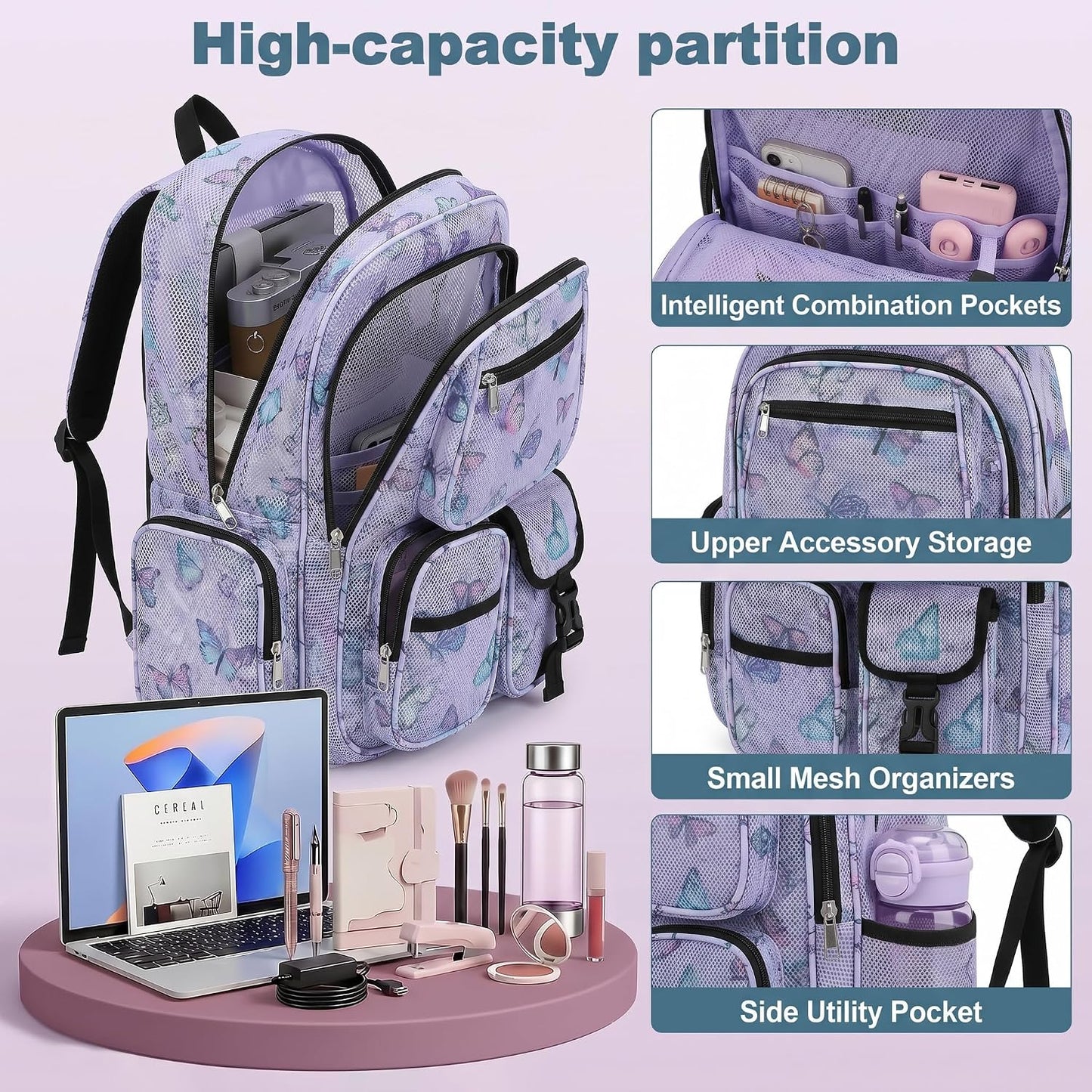 Mesh Backpacks for School, Heavy Duty Breathable See through Bookbag for Women Girls Boys Kids, Large Capacity Mesh Bag for Beach Swimming Gym Work Travel- Butterfly Purple