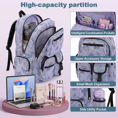 Mesh Backpacks for School, Heavy Duty Breathable See through Bookbag for Women Girls Boys Kids, Large Capacity Mesh Bag for Beach Swimming Gym Work Travel- Butterfly Purple