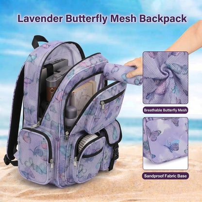 Mesh Backpacks for School, Heavy Duty Breathable See through Bookbag for Women Girls Boys Kids, Large Capacity Mesh Bag for Beach Swimming Gym Work Travel- Butterfly Purple