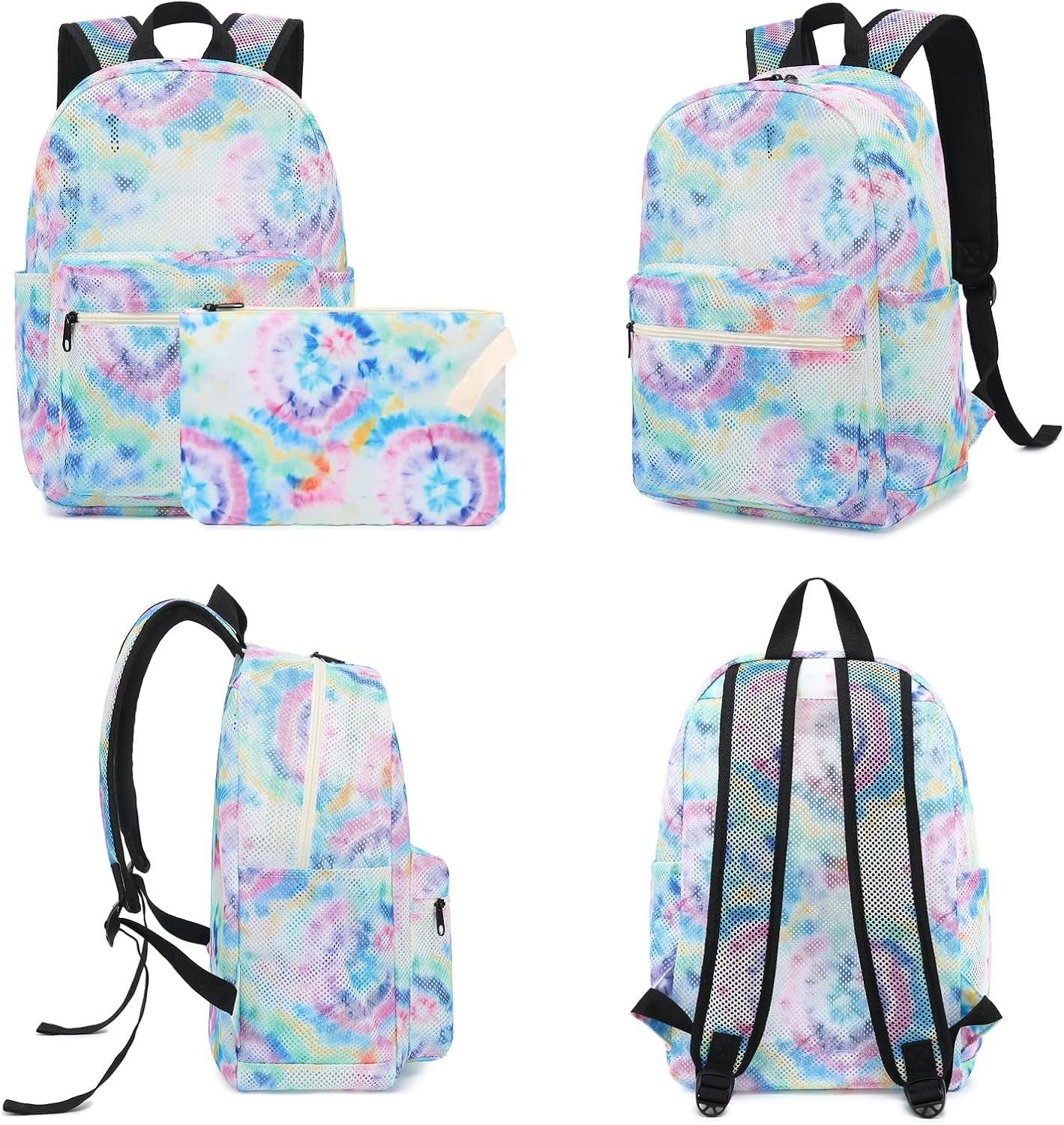 Tie Dye Mesh Backpack for Girls Women, Semi-Transparent Kids School Backpack College Bookbag for Beach Gym Travel