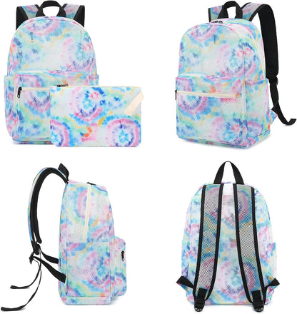 Tie Dye Mesh Backpack for Girls Women, Semi-Transparent Kids School Backpack College Bookbag for Beach Gym Travel