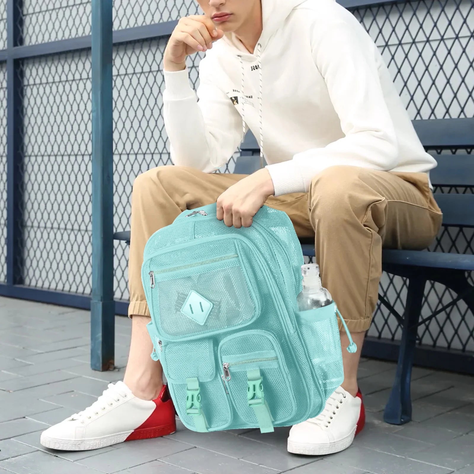 Mesh Backpack School Backpacks Large Capacity See through Bookbag Stadium Approved with Multiple Compartments Pockets for School(Lake Green)