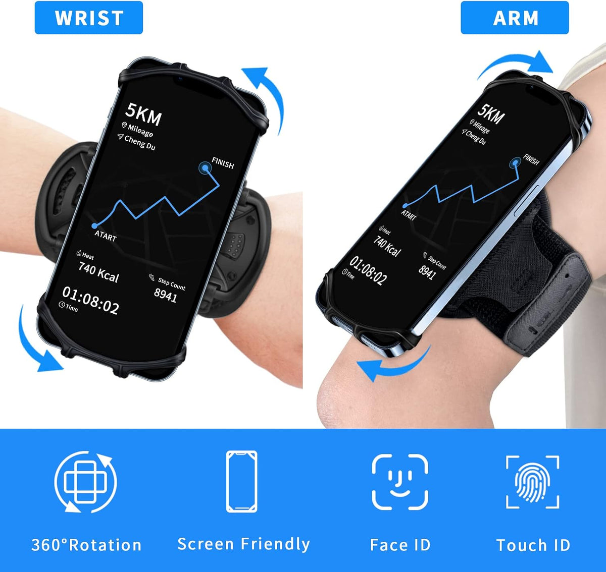 Wristband Phone Holder for Running, 360°Rotation & Detachable Sports Armband with Key Holder for Iphone 17/16/15/14/13/12/11/Pro/Xs/Xr/X/8/7/6/Plus, for Samsung Galaxy, Fits 4''-6.5''Phone