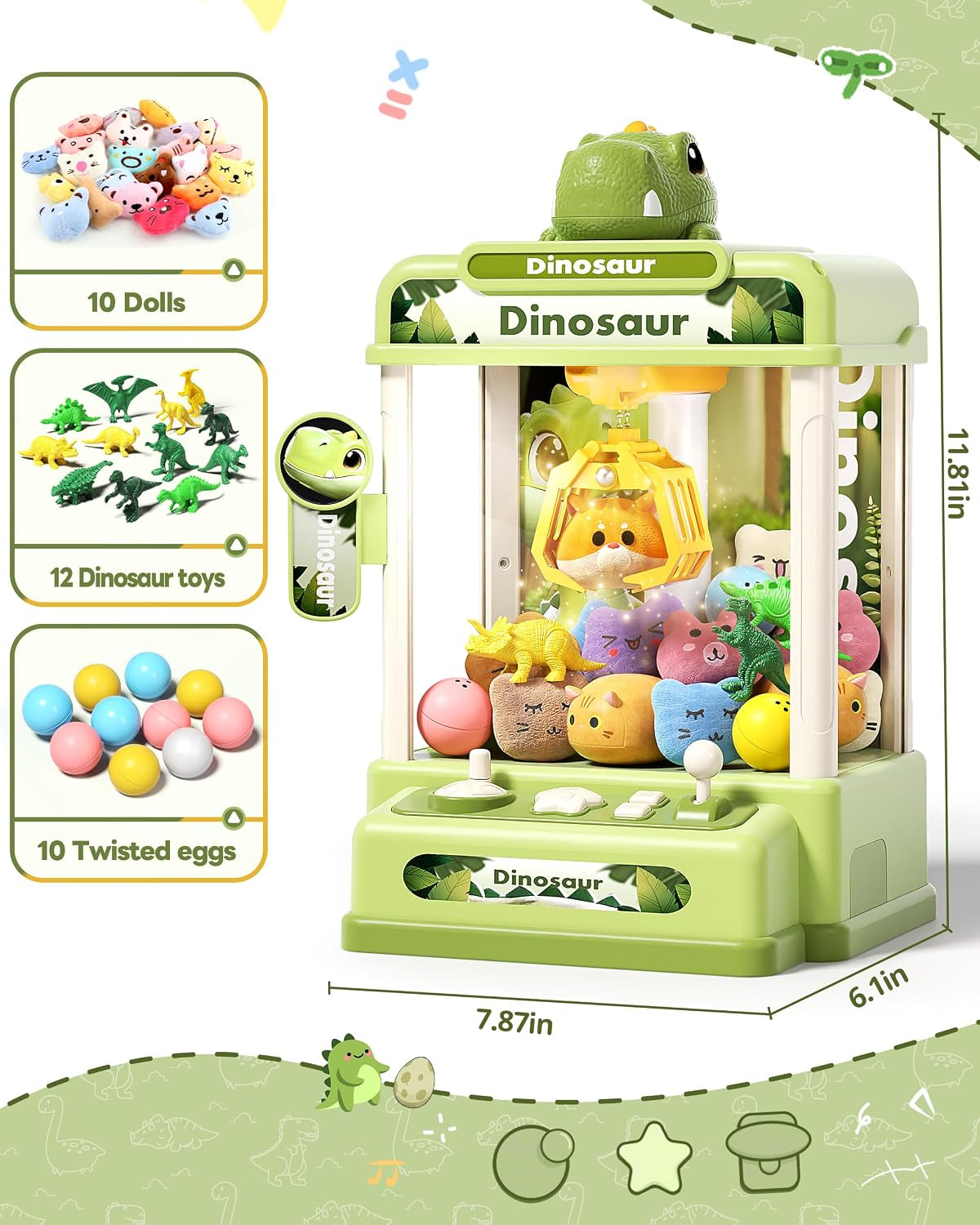 32PCS Dinosaur Claw Machine for Kids (Small) | Mini Vending Machine with Music & Adjustable Volume, Electronic Arcade Game Prize Dispenser for Birthday Toys Gifts Age 3+