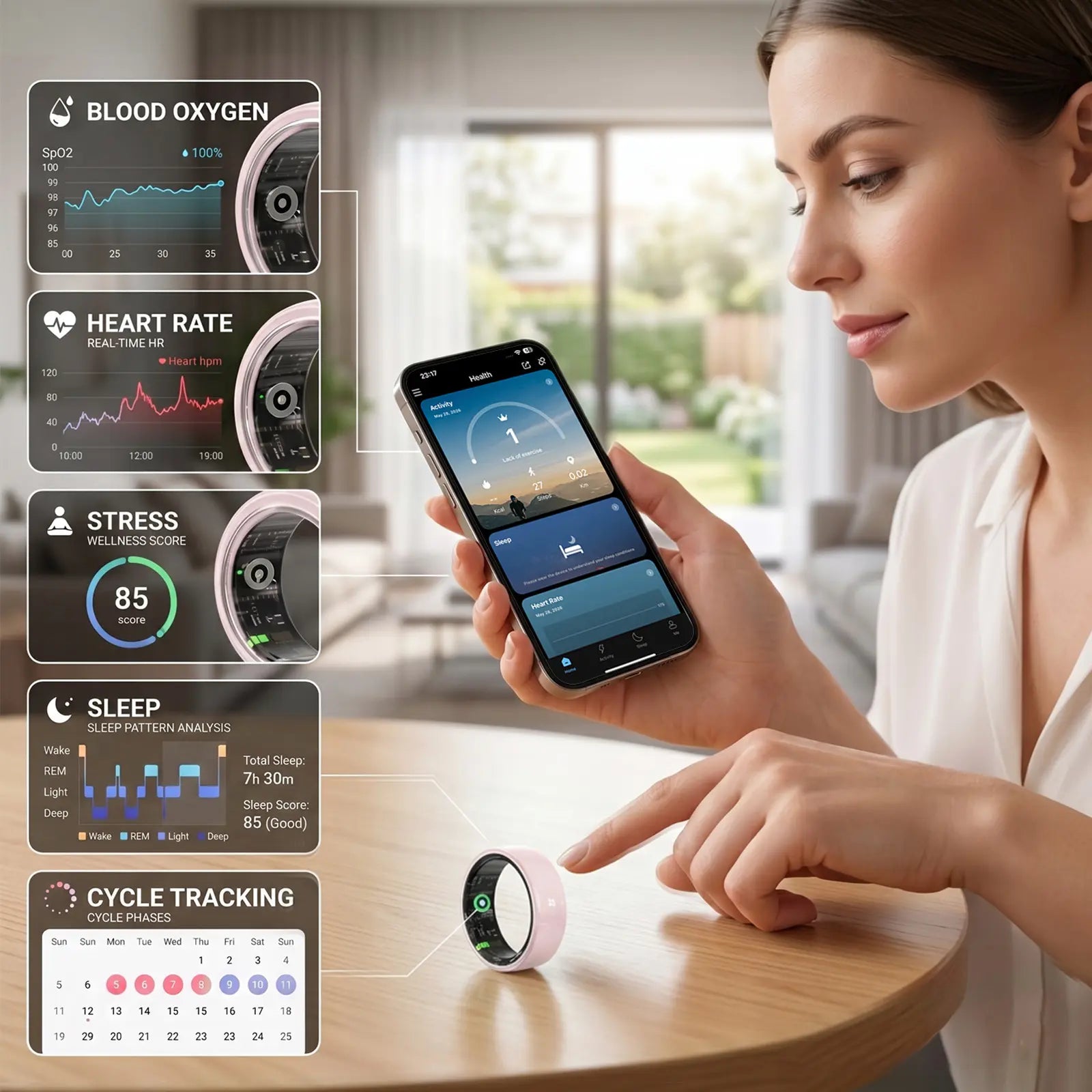 #6-#11 T3 Pink & Black Ceramic Smart Couple Rings for Women & Men, Fitness & Sleep Tracker, Heart Rate & Stress Monitor, Cycle Tracking, IP68 Waterproof, 3–5 Day Battery, Ios & Android Compatible, with Charging Case