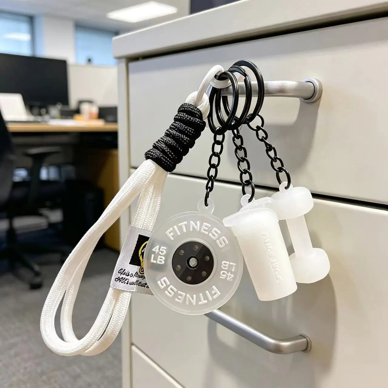 3D Fitness-Themed Keychain, Durable Silicone and Metal Bag Charm Featuring Dumbbell, Barbell, and Weight Plate, Compact Mini Size with Sturdy Connecting Chain