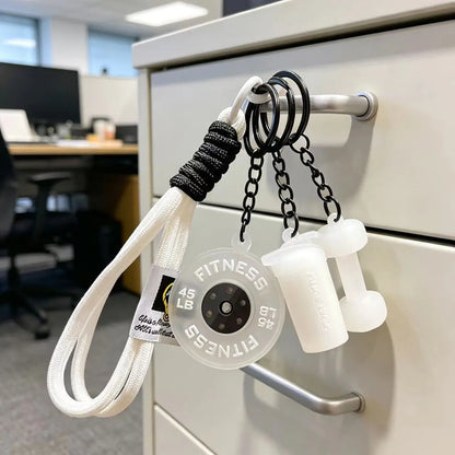 3D Fitness-Themed Keychain, Durable Silicone and Metal Bag Charm Featuring Dumbbell, Barbell, and Weight Plate, Compact Mini Size with Sturdy Connecting Chain