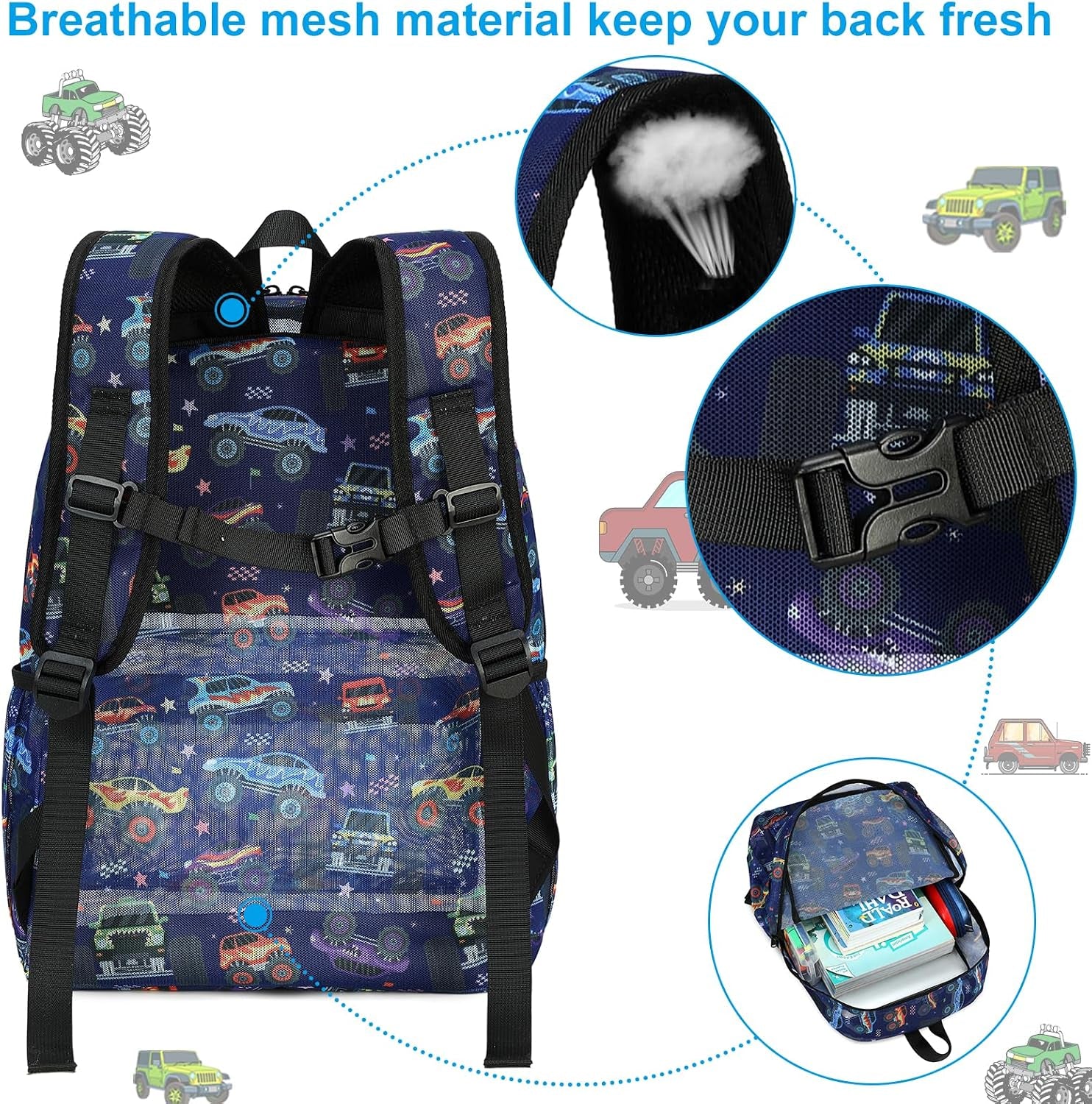Mesh Backpack Kids Boys Girls Bookbag See through Preschool Backpacks Casual Daypack for School Beach Travel Sport (Navy-Vehicle)