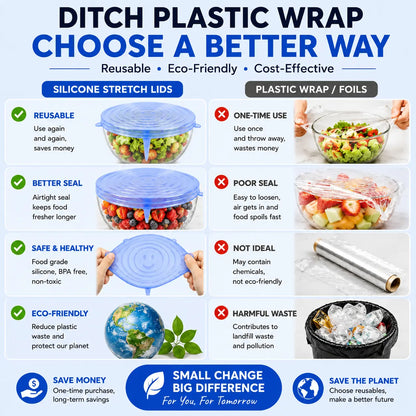 Silicone Stretch Lids Set (6-Pack) - BPA-Free, Food-Grade Reusable Covers for Bowls, Pots, and Cups (Sizes: 2.6", 3.7", 4.3", 5.5", 6.3", 7.7")