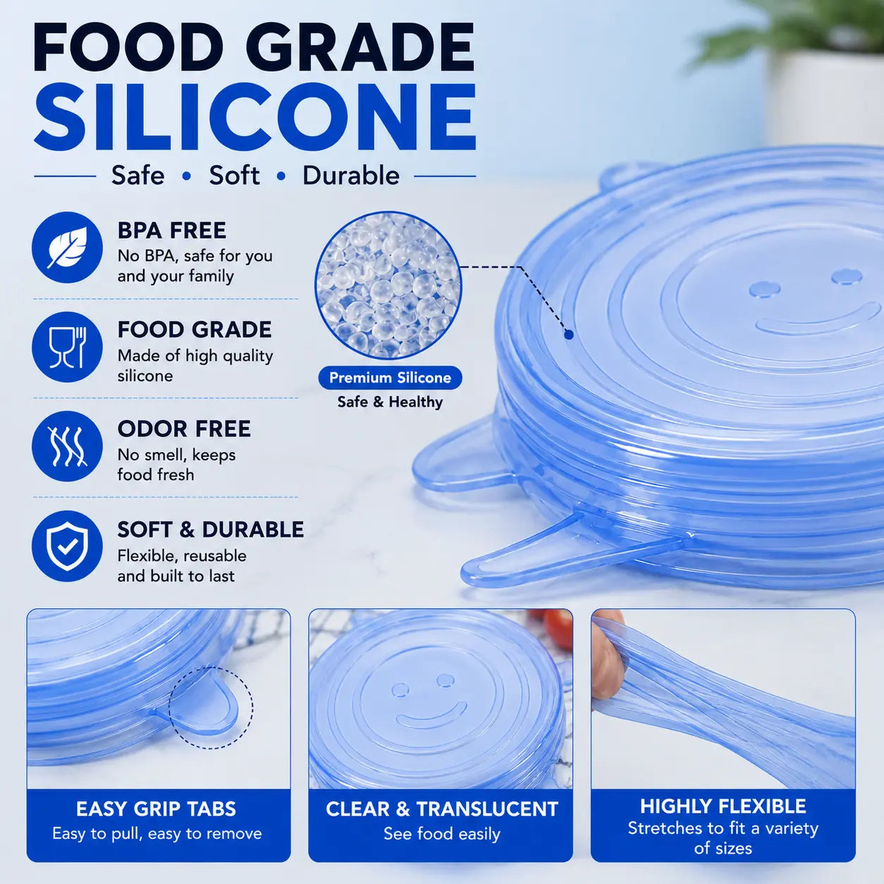 Silicone Stretch Lids Set (6-Pack) - BPA-Free, Food-Grade Reusable Covers for Bowls, Pots, and Cups (Sizes: 2.6", 3.7", 4.3", 5.5", 6.3", 7.7")