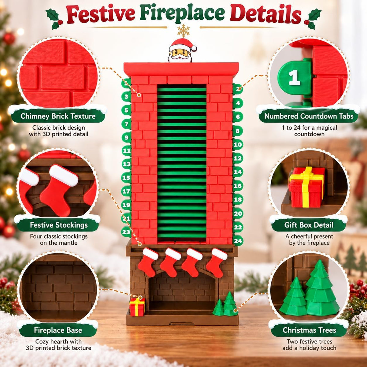 24-Day Santa Chimney Christmas Countdown Calendar, Mechanical Reusable Advent Calendar with Pull Tab Design, Fireplace Mantel Decor Desktop and Christmas Seasonal Display