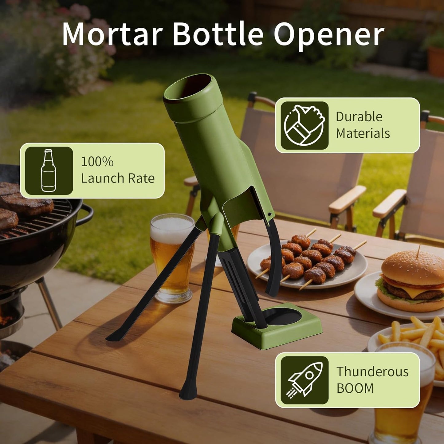 355Ml Longneck Beer Mortar Bottle Opener – Heavy-Duty Tactical Cap Launcher, Hands-Free, Party & Home Bar Decor (Green)