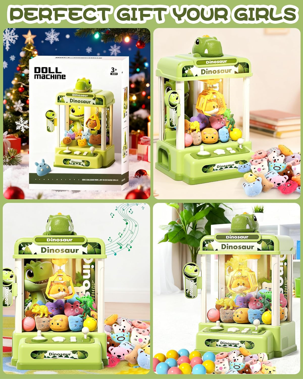 32PCS Dinosaur Claw Machine for Kids (Small) | Mini Vending Machine with Music & Adjustable Volume, Electronic Arcade Game Prize Dispenser for Birthday Toys Gifts Age 3+