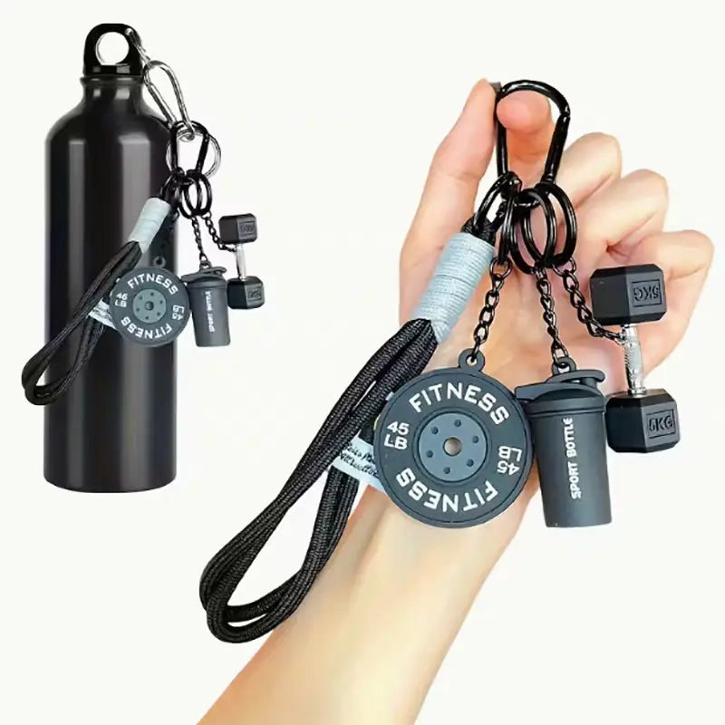 3D Fitness-Themed Keychain, Durable Silicone and Metal Bag Charm Featuring Dumbbell, Barbell, and Weight Plate, Compact Mini Size with Sturdy Connecting Chain