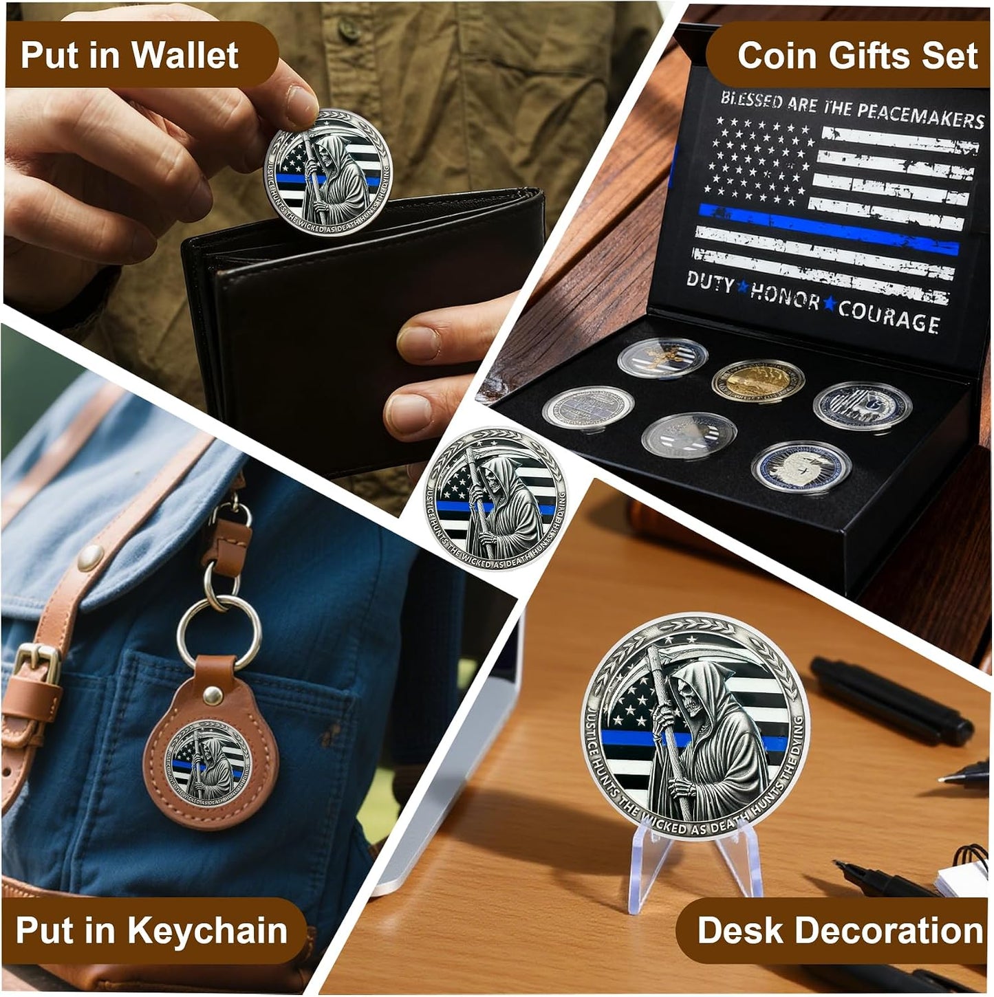 Thin Blue Line Reaper Police Officer Challenge Coin | Blessed Are the Peacemakers Police Challenge Coins for Sheriff Law Enforcement Police Academy Gifts Police Week Gifts