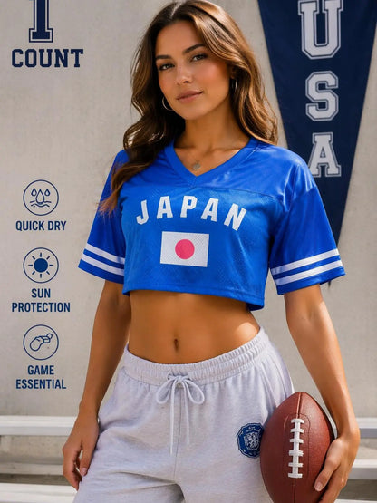 KTYSDE Women's Printed Cropped Soccer Jersey - V Neck Mesh Short Sleeve Casual Streetwear Crop Top for Soccer Fans Featuring USA, Brazil, Argentina, Mexico, England, Germany, France, Spain, Portugal, Italy, Netherlands, Japan, South Korea, Uruguay, and South Africa for Game Day and Daily Wear