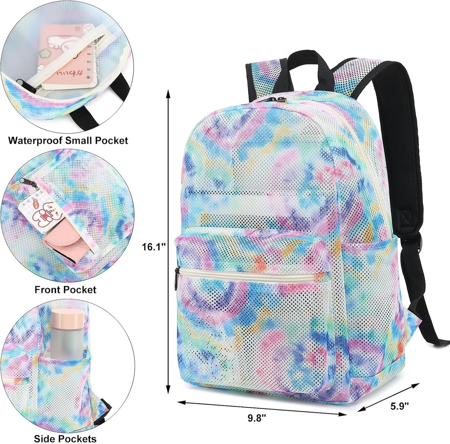 Tie Dye Mesh Backpack for Girls Women, Semi-Transparent Kids School Backpack College Bookbag for Beach Gym Travel