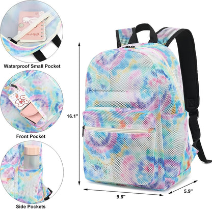 Tie Dye Mesh Backpack for Girls Women, Semi-Transparent Kids School Backpack College Bookbag for Beach Gym Travel