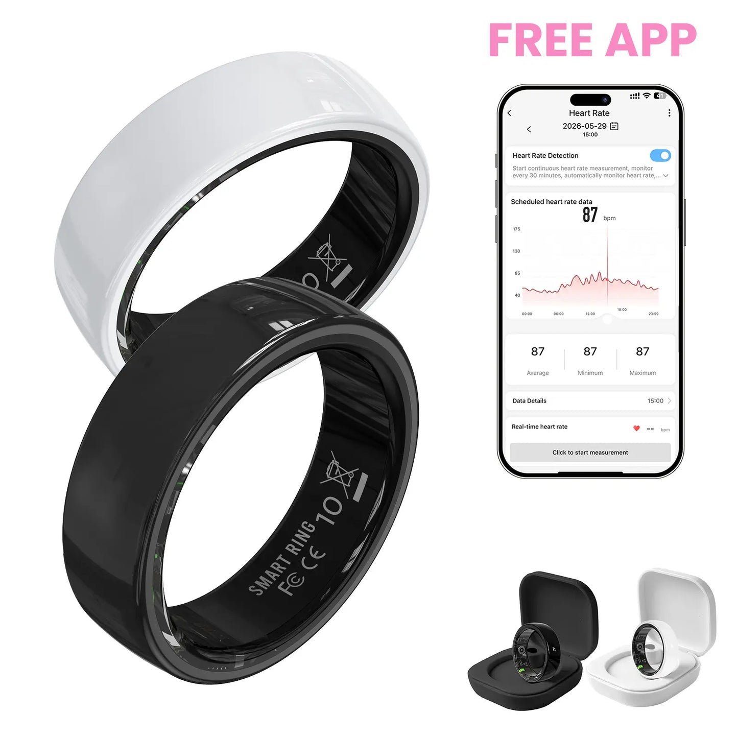 #6-#11 T3 Pink & Black Ceramic Smart Couple Rings for Women & Men, Fitness & Sleep Tracker, Heart Rate & Stress Monitor, Cycle Tracking, IP68 Waterproof, 3–5 Day Battery, Ios & Android Compatible, with Charging Case