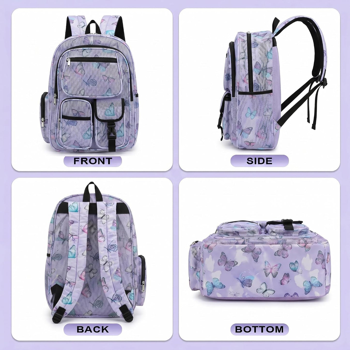 Mesh Backpacks for School, Heavy Duty Breathable See through Bookbag for Women Girls Boys Kids, Large Capacity Mesh Bag for Beach Swimming Gym Work Travel- Butterfly Purple