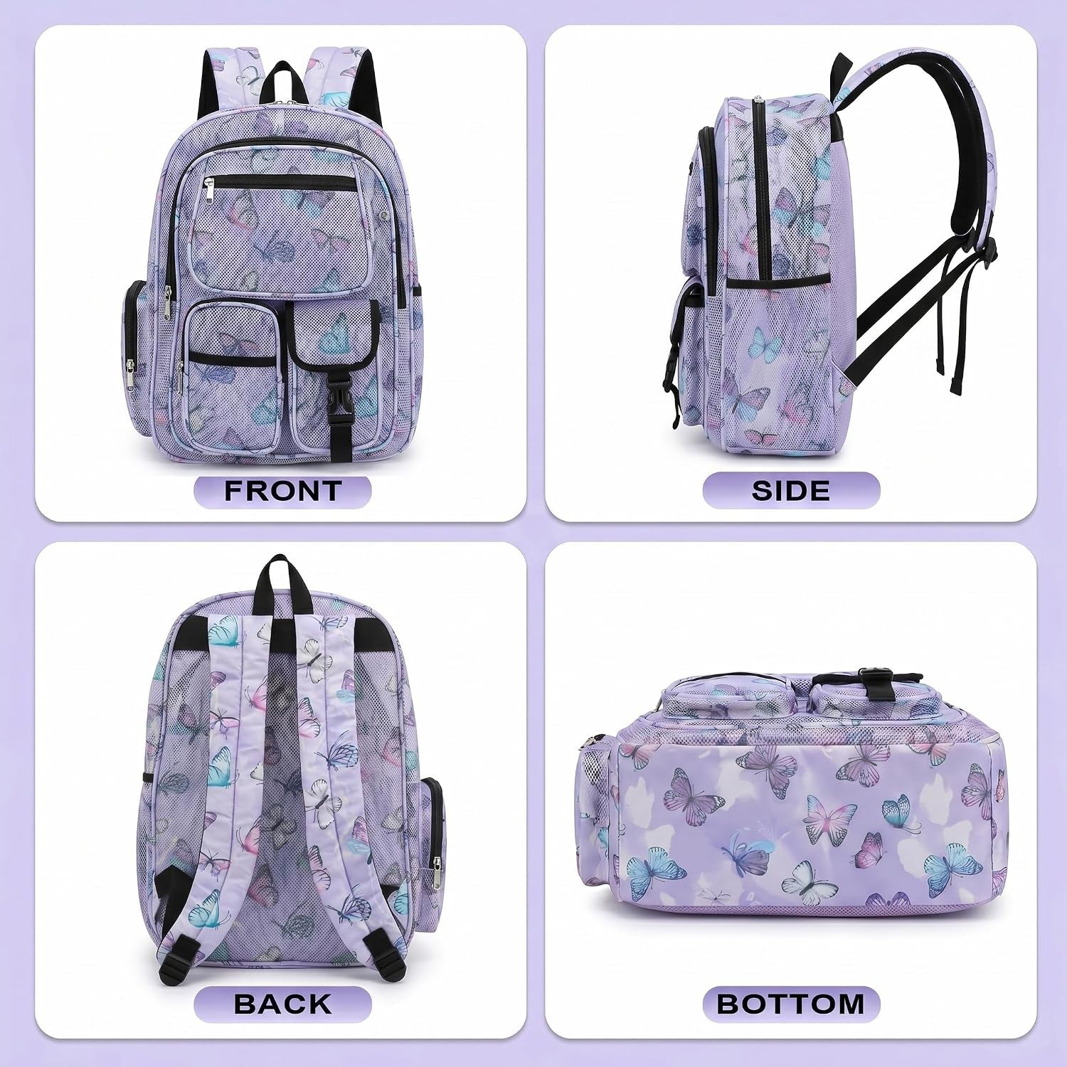 Mesh Backpacks for School, Heavy Duty Breathable See through Bookbag for Women Girls Boys Kids, Large Capacity Mesh Bag for Beach Swimming Gym Work Travel- Butterfly Purple