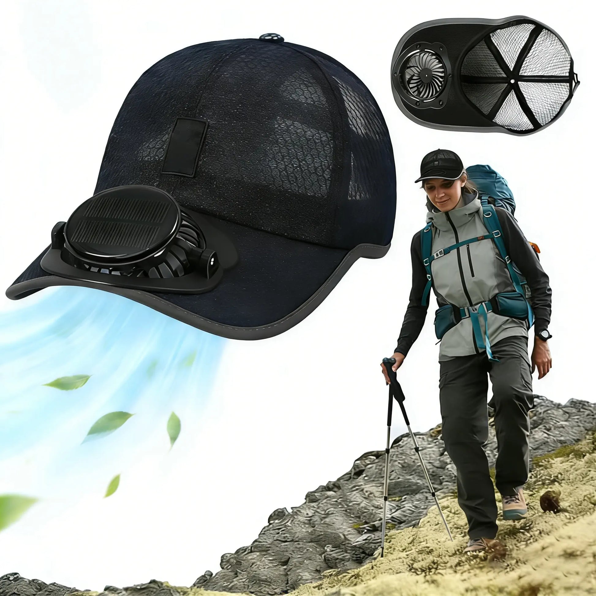 Solar & USB Rechargeable Fan Hat, Breathable Mesh Cooling Baseball Cap, Summer Sun Protection Cap for Outdoor Hiking, Fishing, Golf, Camping