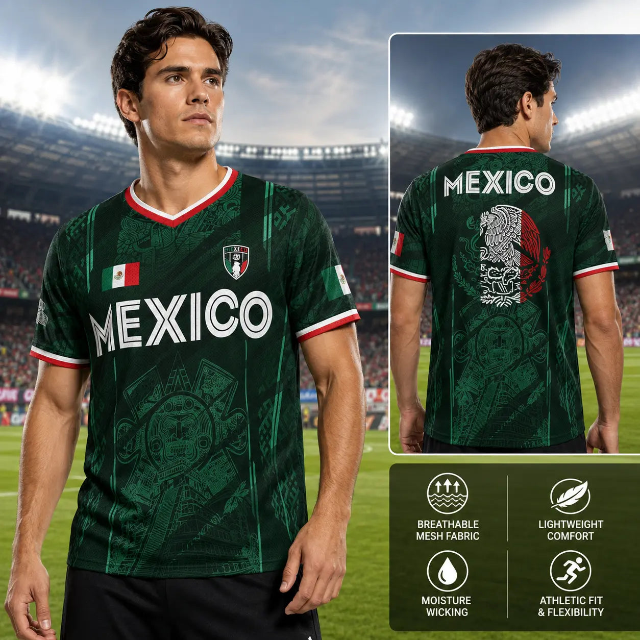 2026 Mexico Soccer Jersey, Chichén Itzá Pyramid Graphic Retro Soccer Jersey, All over Print, Casual Style for All Seasons, Classic Throwback Jersey Sportswear Top Summerwins