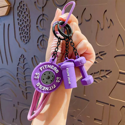 3D Fitness-Themed Keychain, Durable Silicone and Metal Bag Charm Featuring Dumbbell, Barbell, and Weight Plate, Compact Mini Size with Sturdy Connecting Chain