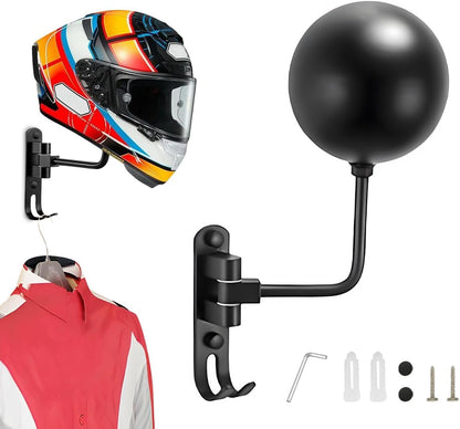 Helmet Hanger Wall Mount, 180° Rotation Multifunctional Motorcycle Helmets Rack with 2 Hooks, Motorcycle Gear Jacket Storage Holder Hanger for Bike Coats Caps Outerwear