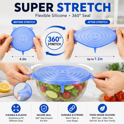 Silicone Stretch Lids Set (6-Pack) - BPA-Free, Food-Grade Reusable Covers for Bowls, Pots, and Cups (Sizes: 2.6", 3.7", 4.3", 5.5", 6.3", 7.7")