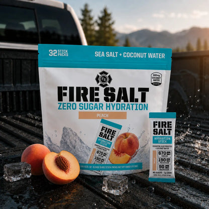 FIRE SALT PEACH Hydration Sticks - Essential Electrolytes & Coconut Water - Zero Sugar - Sport Energy Drink Mix - Natural Ingredients - 3X Electrolytes - Ideal for Intense Activities - Beverage, 16 or 32 Ct.