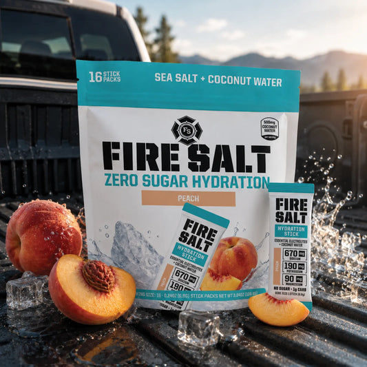 FIRE SALT PEACH Hydration Sticks - Essential Electrolytes & Coconut Water - Zero Sugar - Sport Energy Drink Mix - Natural Ingredients - 3X Electrolytes - Ideal for Intense Activities - Beverage, 16 or 32 Ct.