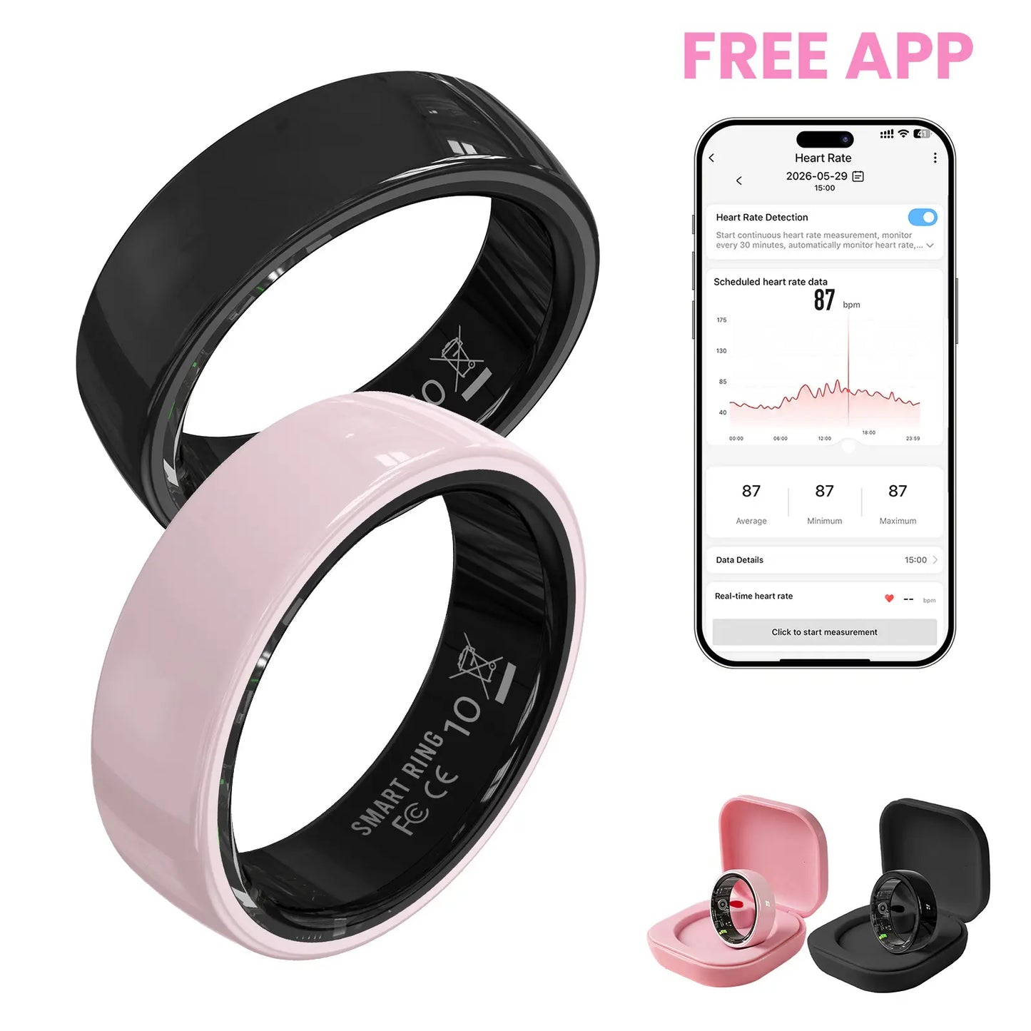 #6-#11 T3 Pink & Black Ceramic Smart Couple Rings for Women & Men, Fitness & Sleep Tracker, Heart Rate & Stress Monitor, Cycle Tracking, IP68 Waterproof, 3–5 Day Battery, Ios & Android Compatible, with Charging Case