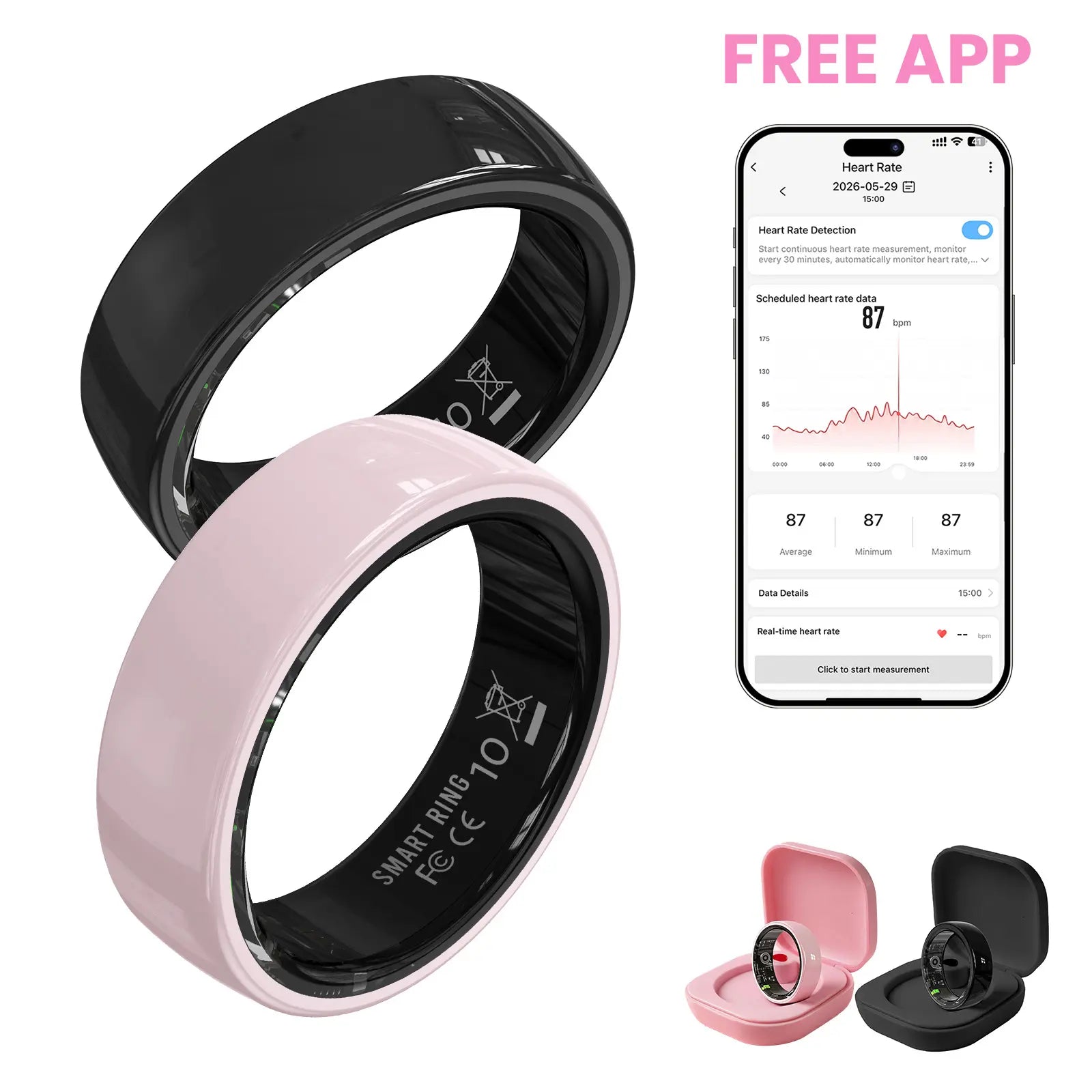 #6-#11 T3 Pink & Black Ceramic Smart Couple Rings for Women & Men, Fitness & Sleep Tracker, Heart Rate & Stress Monitor, Cycle Tracking, IP68 Waterproof, 3–5 Day Battery, Ios & Android Compatible, with Charging Case