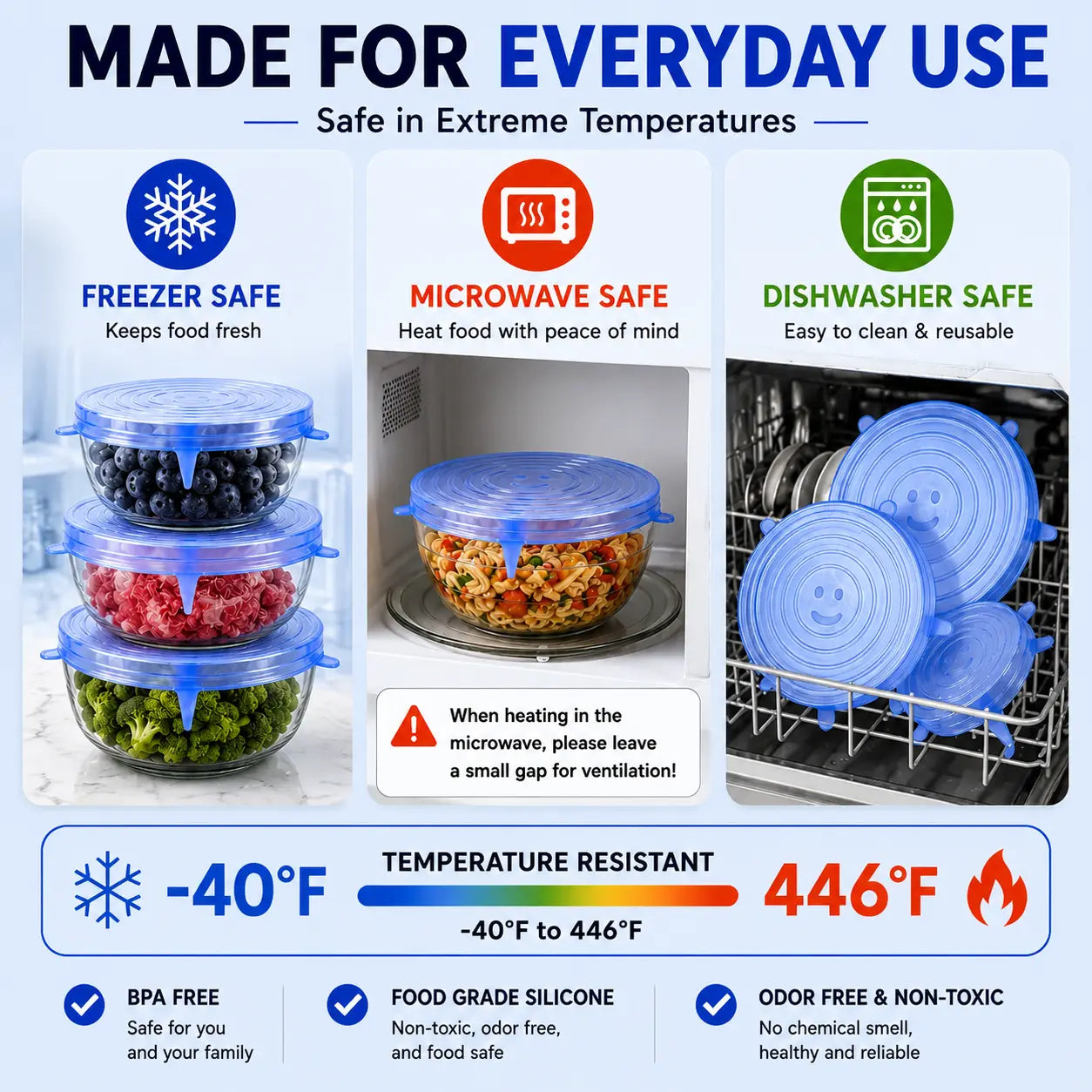 Silicone Stretch Lids Set (6-Pack) - BPA-Free, Food-Grade Reusable Covers for Bowls, Pots, and Cups (Sizes: 2.6", 3.7", 4.3", 5.5", 6.3", 7.7")