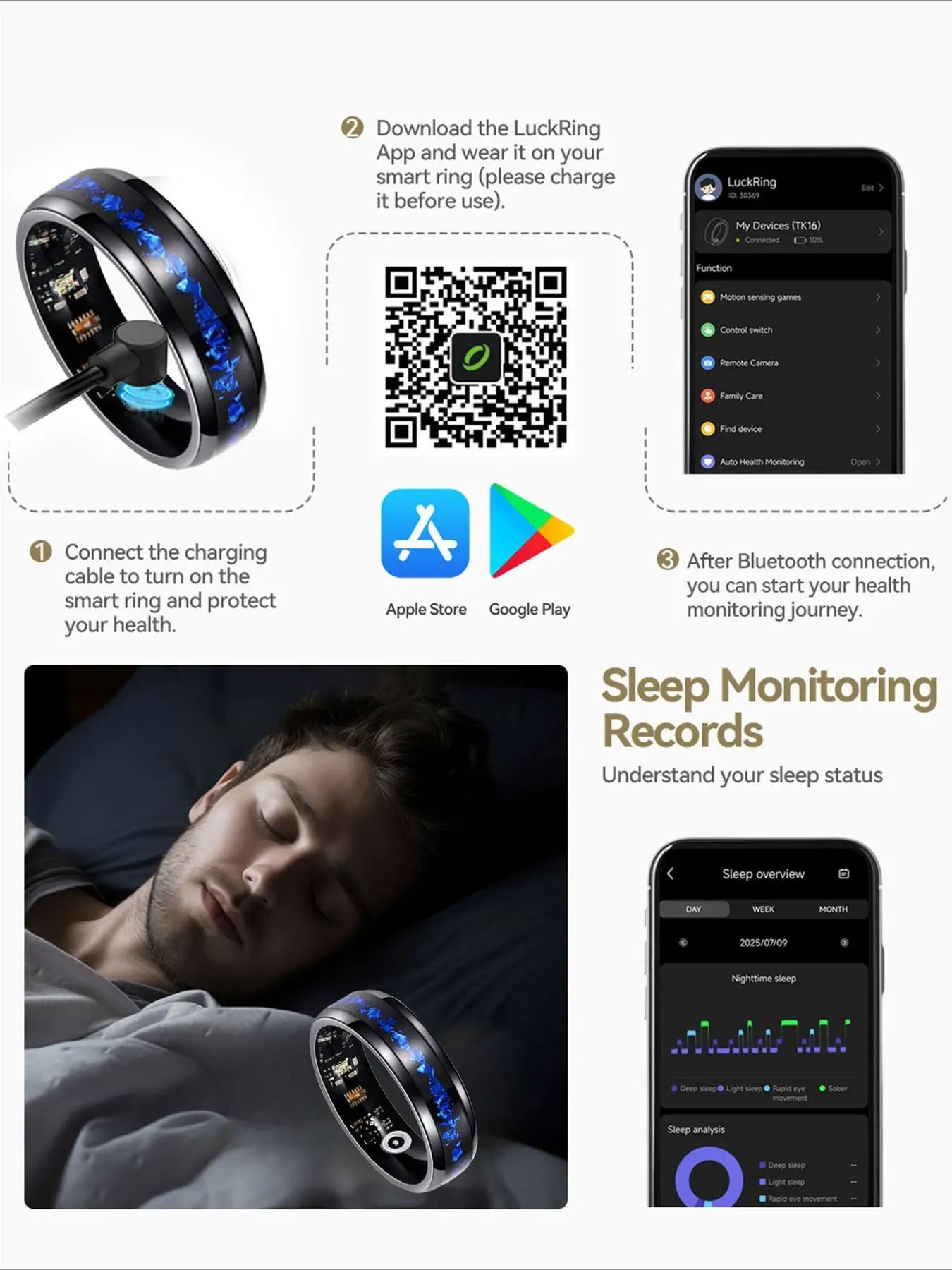 Smart Finger Ring Health Tracker, Heart Rate Monitor, Temperature, Sleep, Stress Management, Cycle Reminder, Fitness Ring for Men and Women, Wearable, Wireless Fitness Tracker, Wearable Fitness Trackers