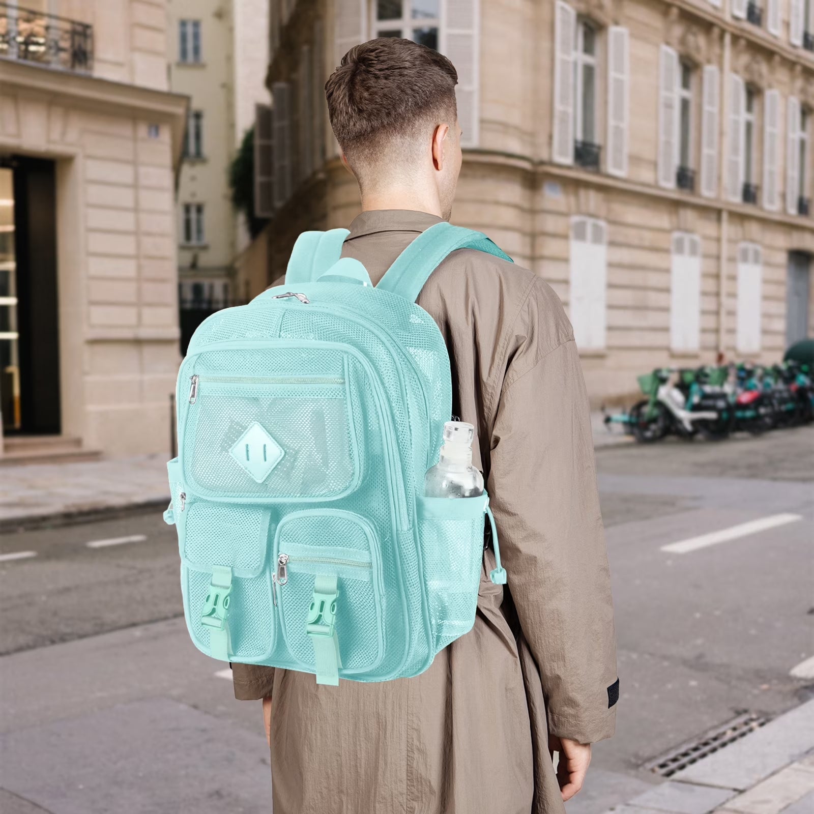 Mesh Backpack School Backpacks Large Capacity See through Bookbag Stadium Approved with Multiple Compartments Pockets for School(Lake Green)